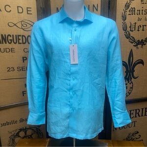 NWT Modelcloth Linen Men's Aqua Button Down Shirt, L